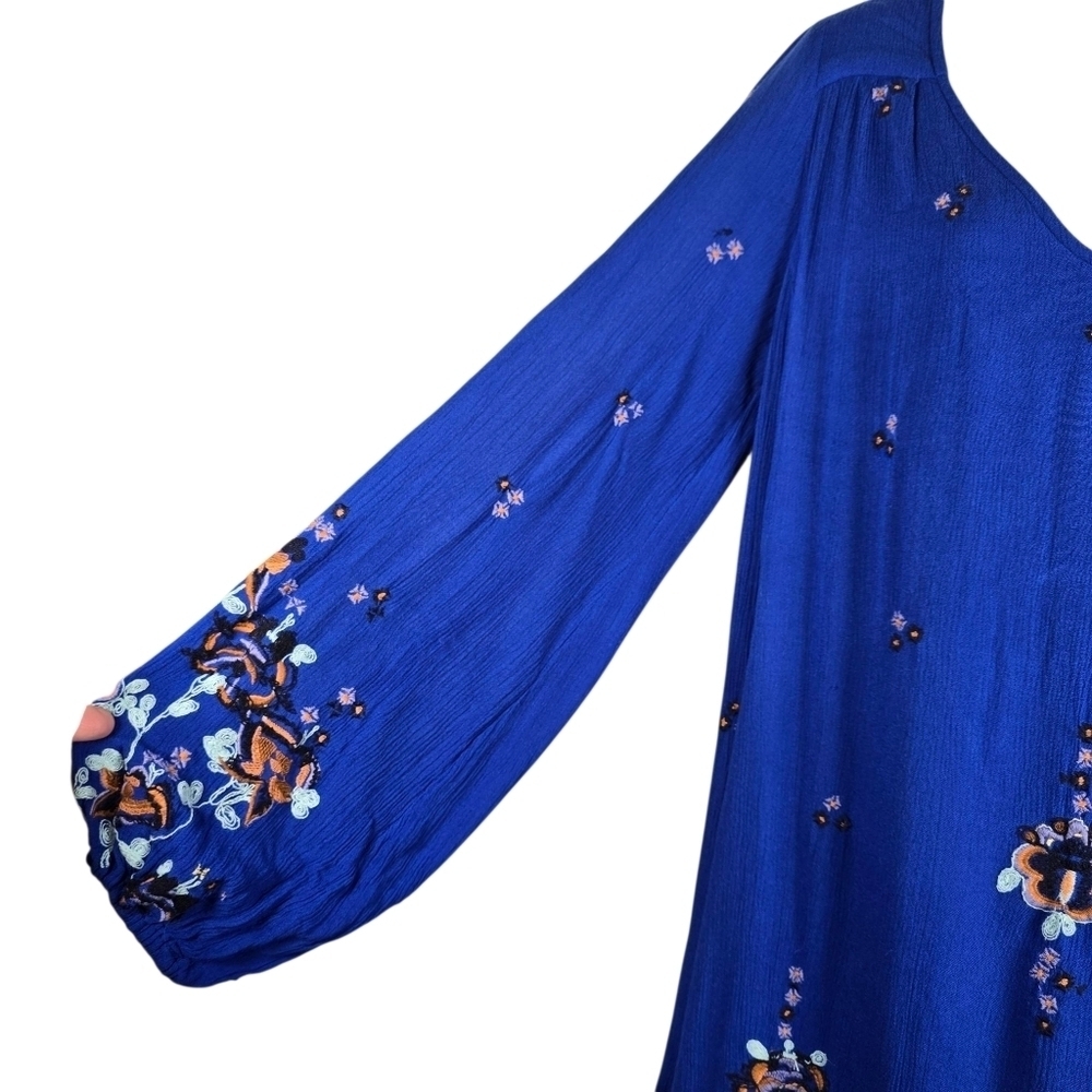 Free People Women's Boho Blue Oxford Embroidered Balloon Sleeve Dress Size S - Picture 3 of 16